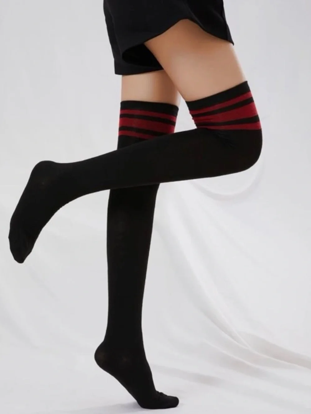 Black Over-the-Knee Socks with Red Stripes